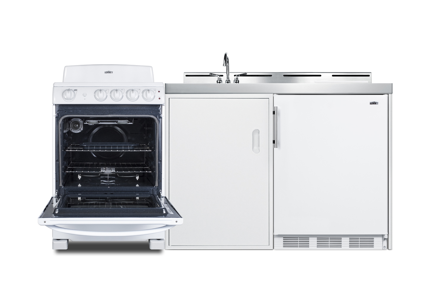 72 inch wide all-in-one kitchenette with 220V 4-element electric coil range, refrigerator-freezer, sink, cutting board and cutlery storage, and a storage cabinet